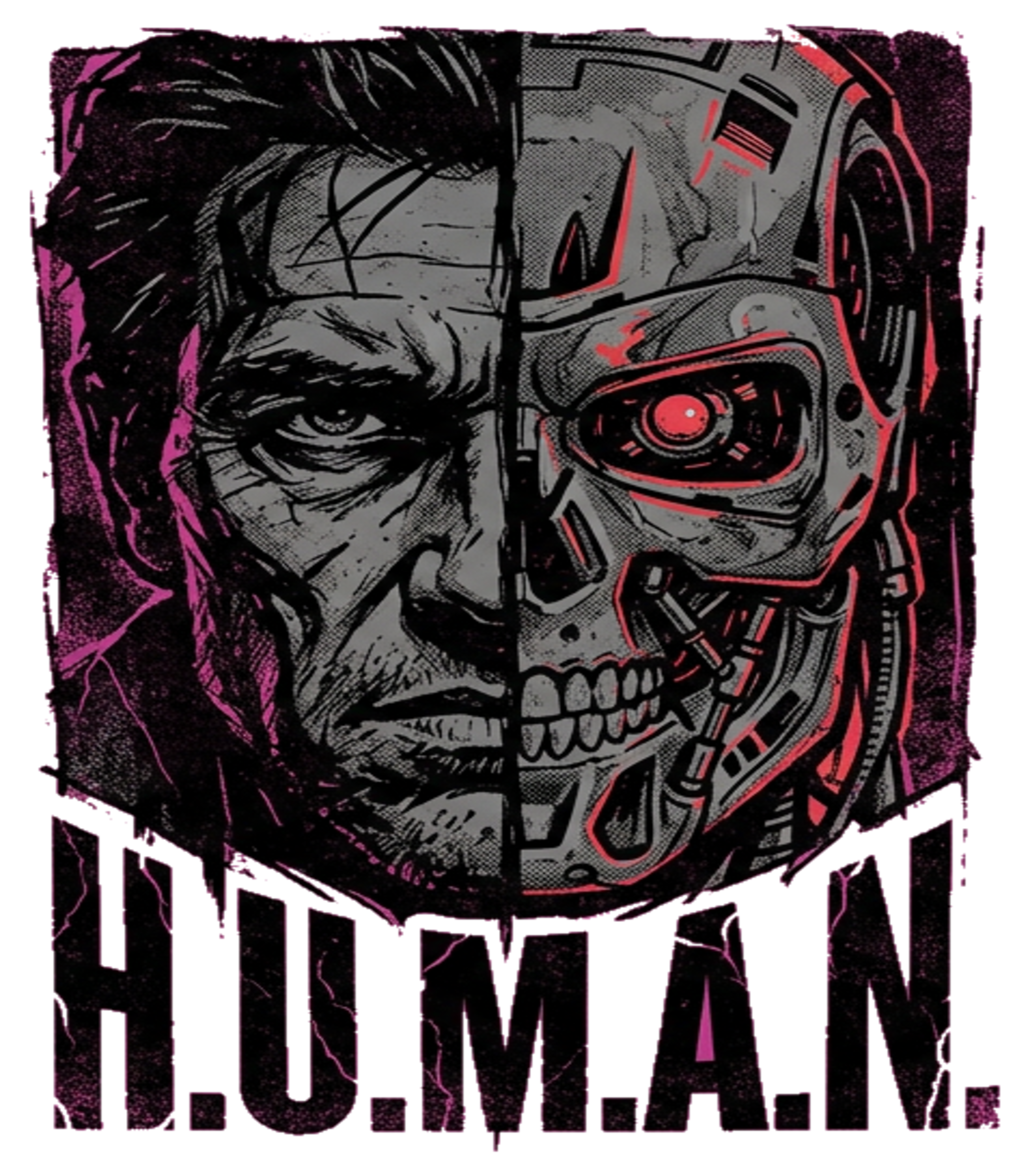 make a neo futurisic two face human and robot. Big font belo